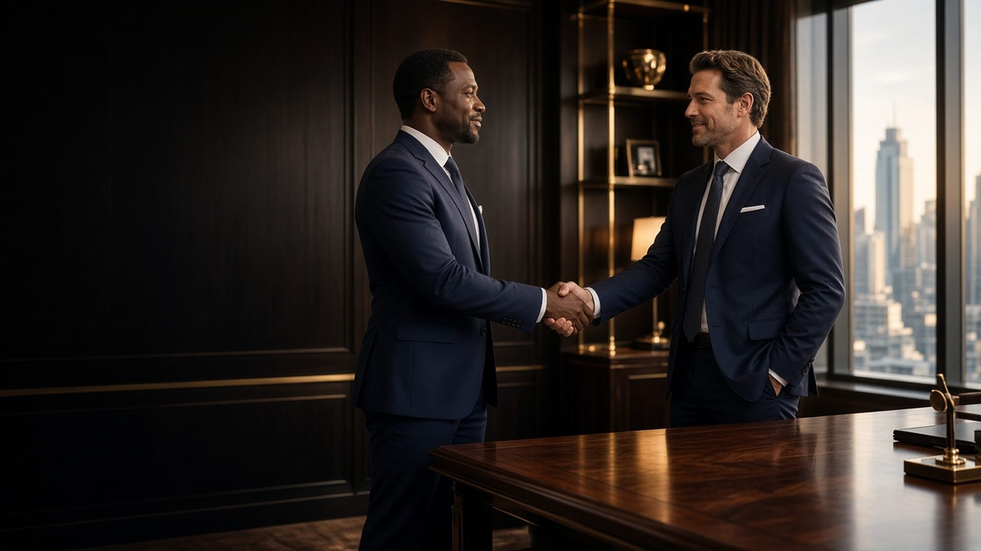 Two business professionals shaking hands in an executive boardroom